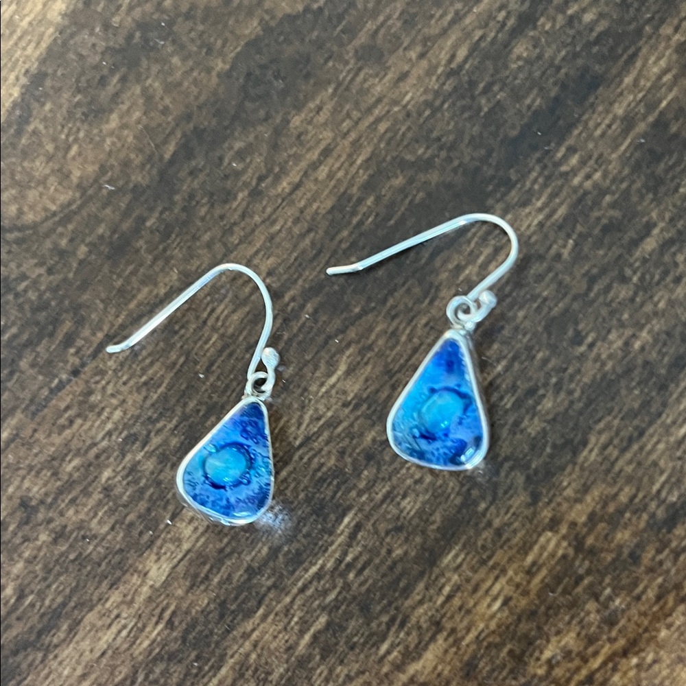 Hand blown Glass Blue Lagoon Teardrop Earrings, Sterling Silver